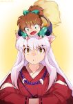 2boys absurdres animal_ears bead_necklace beads brown_hair fang green_eyes hair_between_eyes highres inuyasha inuyasha_(character) jewelry kachin long_hair looking_at_another magatama multiple_boys necklace open_mouth parted_lips patterned patterned_clothing ponytail shippou_(inuyasha) smile tail twitter_username upper_body white_hair yellow_eyes 