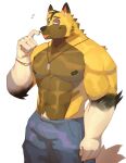  2022 abs animal_crossing anthro biceps big_muscles blep bottomwear bracelet canid canine canis cilok claws clothed clothing dog_tags eyebrows eyes_closed fur hi_res jewelry kyle_(animal_crossing) male mammal muscular muscular_anthro muscular_male navel nintendo nipples pants pecs pubes simple_background smile solo standing tongue tongue_out topless topless_anthro topless_male tuft video_games white_background wolf 