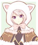  1boy animal_ears animal_hood bangs bow brown_capelet brown_hair capelet closed_mouth fake_animal_ears fur-trimmed_capelet fur_trim green_background high_priest_(ragnarok_online) highres hood hood_up light_(luxiao_deng) looking_at_viewer male_focus pink_bow purple_eyes ragnarok_online solo two-tone_background upper_body white_background 