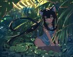  1girl absurdres animal_ear_fluff animal_ears bangs bare_arms bare_shoulders black_hair blush cat_ears closed_mouth commentary_request dress green_eyes hair_between_eyes head_tilt highres kgt_(pixiv12957613) long_hair original partially_submerged plant sleeveless sleeveless_dress solo twintails very_long_hair water wet wet_hair white_dress 