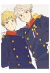  2boys animal_on_shoulder axis_powers_hetalia bird blonde_hair blue_eyes brothers buttons chick epaulettes germany_(hetalia) gilbird grin hand_on_another&#039;s_shoulder highres looking_at_viewer medal military military_uniform multiple_boys ninonuko prussia_(hetalia) red_eyes siblings smile teenage uniform white_hair younger 
