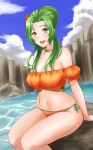  1girl :d absurdres bare_shoulders bikini blue_sky braid braided_bun breasts cleavage cloud day elincia_ridell_crimea fee feet_out_of_frame fire_emblem fire_emblem:_radiant_dawn flower green_hair hair_bun hair_flower hair_ornament highres large_breasts long_hair looking_at_viewer navel off-shoulder_bikini off_shoulder open_mouth orange_bikini puffy_short_sleeves puffy_sleeves red_flower rock short_sleeves side-tie_bikini sitting sky smile solo stomach swimsuit thighs water yellow_eyes 