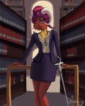  4:5 anthro blue_eyes clothed clothing dragon eyewear female frown furniture glasses hair hi_res horn library melee_weapon narrowed_eyes paradoxing red_hair solo sword table weapon 