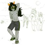  2022 absurd_res alien armpit_hair beach bikini black_hair blush body_hair breasts clothed clothing colored_nails currentlytr_ash feet female flip_flops footwear front_view group hair hand_behind_head happy_trail hi_res hiveswap homestuck horn humanoid long_hair male_swimwear_challenge ms_paint_adventures nails navel nipples outside polypa_goezee sandals seaside sketch sketch_background small_breasts solo_focus swimming_trunks swimwear toes topless troll_(homestuck) webcomic yellow_sclera 