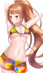  1girl :o absurdres armpits arms_behind_head arms_up bikini blush breasts brown_hair collarbone covered_nipples floral_print groin halterneck high_ponytail highres idolmaster idolmaster_cinderella_girls long_hair medium_breasts navel ponytail print_bikini reij_dddn simple_background solo swimsuit very_long_hair wakabayashi_tomoka white_background 