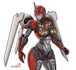  1girl alien breasts curvy glowing glowing_eyes gonzo_mk06 highres humanoid_robot large_breasts mecha_musume red_eyes robot shatter_(transformers) simple_background solo thick_thighs thighs transformers underboob white_background wings 