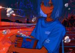  1girl blue_hair blue_shirt building colored_skin dusk food highres keo_(oketa99) lamppost looking_at_viewer night night_sky orange_eyes orange_skin original popcorn railing shirt short_hair sky skyscraper solo t-shirt upper_body 