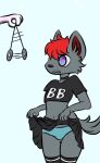  anthro bottomwear bulge choker clothing crop_top digital_media_(artwork) fur girly grey_body grey_fur hair hypnosis hypnotic_eyes jewelry legwear lyssapaws male mind_control necklace red_hair shirt simple_background skirt thigh_highs topwear underwear 