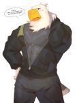 2022 abs accipitrid accipitriform animal_crossing anthro apollo_(animal_crossing) avian bald_eagle beak big_muscles bird blush bottomwear cilok clothed clothing dialogue eagle english_text feathers hand_behind_head hand_on_hip hi_res inviting jacket looking_away male muscular muscular_anthro muscular_male nintendo open_clothing open_jacket open_topwear pants pecs sea_eagle simple_background solo standing talking_to_viewer text topwear tuft unzipped video_games white_background 