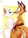  anthro arctic_fox blush breast_squish breasts butt canid canine canis chloe_(animatedmau) chromaticmood digital_media_(artwork) duo embrace eyes_closed eyewear female female/female fennec fox glasses hands_on_back hi_res looking_at_another mammal nipples nude rey_(animatedmau) smile squish standing 