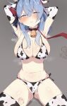  1boy 2girls absurdres ako_(blue_archive) animal_ears animal_print armpits arms_behind_back arms_up bell bikini black_choker black_thighhighs blue_archive blue_eyes blue_hair blush bow breasts choker closed_eyes cow_ears cow_horns cow_print earrings hair_bow hair_over_one_eye half-closed_eyes halo highres horns jewelry kkry99 leash light_blue_hair long_hair multicolored_clothes multicolored_legwear multiple_girls navel neck_bell parted_lips shiny shiny_skin simple_background sitting solo_focus steam steaming_body swimsuit teeth thighhighs thumbs_up white_thighhighs 