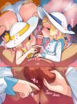  2girls alternate_color bangs blonde_hair blue_ribbon blunt_bangs braid collared_dress dress fellatio green_eyes hat hat_ribbon hetero highres kinocopro licking licking_penis lillie_(pokemon) long_hair looking_at_viewer male_pubic_hair multiple_girls multiple_views official_alternate_costume oral penis pokemon pokemon_(game) pokemon_masters_ex pokemon_sm pov pov_crotch pubic_hair ribbon sleeveless sleeveless_dress sun_hat sundress twin_braids white_dress white_headwear 