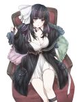  1girl absurdres bare_legs black_hair bow breasts chair choker cleavage fuusuke_(fusuke208) hair_bow highres holding holding_hair indie_virtual_youtuber jacket multicolored_hair pale_skin pillow purple_eyes ririsya simple_background sitting solo streaked_hair twitter_username 