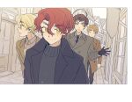  ahoge axis_powers_hetalia black_coat black_gloves blonde_hair brothers brown_hair closed_eyes coat gloves green_eyes highres looking_to_the_side ninonuko northern_ireland_(hetalia) red_hair scotland_(hetalia) siblings smile sweater thick_eyebrows town trench_coat turtleneck turtleneck_sweater united_kingdom_(hetalia) wales_(hetalia) 