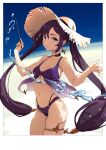  1girl absurdres blush choker commentary_request earrings genshin_impact green_eyes hat highres hokushuu holding holding_wand hydrokinesis jewelry long_hair looking_at_viewer mona_(genshin_impact) navel purple_hair solo star_(symbol) star_earrings sun_hat swimsuit thighlet twintails wand water 