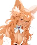  1girl animal_ear_fluff animal_ears aqua_eyes avatar_(ff14) bangs blush breasts cleavage commentary_request dark-skinned_female dark_skin facial_mark final_fantasy final_fantasy_xiv highres kaede_(sayappa) large_breasts long_hair looking_at_viewer orange_hair signature simple_background smile solo upper_body whisker_markings white_background 