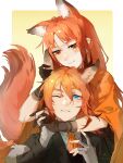  animal_ear_fluff animal_ears arknights bandaged_fingers bandaged_hand bandages black_gloves black_jacket blue_eyes blush brown_eyes character_request closed_mouth collared_shirt commentary_request dated gloves highres jacket long_hair one_eye_closed orange_hair parted_lips qian8102 red_hair sciurus_browntail_(arknights) shirt signature squirrel_boy squirrel_ears squirrel_girl two-tone_background white_background white_shirt yellow_background 
