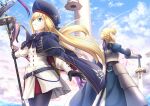  2girls ahoge armor armored_dress armored_gloves artoria_caster_(fate) artoria_caster_(second_ascension)_(fate) artoria_pendragon_(fate) belt black_bow black_gloves blonde_hair blue_belt blue_bow blue_cape blue_cloak blue_dress blue_sky bow buttons cape cloak closed_mouth cloud cloudy_sky commentary_request dress dual_persona excalibur_(fate/stay_night) fate/grand_order fate/stay_night fate_(series) floating_hair flower fur-trimmed_cape fur_trim gloves gold_trim green_eyes hair_bow hair_bun hat holding holding_staff holding_sword holding_weapon juliet_sleeves long_hair long_sleeves looking_away multiple_girls open_mouth petals photoshop_(medium) pink_flower puffy_sleeves ribbon saber shoori_(migiha) short_hair single_hair_bun sky smile staff sword teeth weapon white_dress 