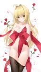  1girl absurdres ahoge bangs blonde_hair blush breasts brown_pantyhose cleavage clothes_pull collarbone fate/extra fate_(series) flower green_eyes hair_intakes highres large_breasts long_hair looking_at_viewer naked_ribbon nero_claudius_(fate) nero_claudius_(fate/extra) pantyhose pantyhose_pull red_ribbon ribbon rose shenqi_xiao_hong_zai_nali smile solo 