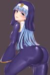  1girl absurdres ass back bangs blue_bodysuit blue_eyes blue_gloves blue_hair blush bodysuit breasts gloves highres large_breasts long_hair long_sleeves looking_at_viewer looking_back mole mole_under_eye open_mouth original satosi smile solo thighs 