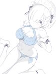  1girl arms_behind_back bangs blue_bra blue_panties blush bra breasts cleavage commentary_request final_fantasy final_fantasy_xiv greyscale hair_over_one_eye highres kaede_(sayappa) large_breasts looking_at_viewer maid_headdress monochrome panties re:zero_kara_hajimeru_isekai_seikatsu rem_(re:zero) short_hair simple_background sitting sketch solo spot_color underwear 