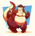  anthro bulge clothing eyewear finger_gun fur gesture hi_res hybrid lutrine male mammal mustela mustelid musteline nipples overweight overweight_male raburigaron red_body red_fur smile solo sunglasses thong true_musteline underwear 