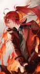  1boy absurdres ahoge black_pants collared_jacket diluc_(genshin_impact) diluc_(red_dead_of_night)_(genshin_impact) fire from_below genshin_impact hair_between_eyes high_ponytail highres jacket long_hair masa_ashe pants ponytail red_eyes red_hair red_jacket sidelocks 