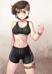  1girl arm_at_side arm_up bangs black_hair black_sports_bra breasts clenched_hand dripping earbuds earphones eyelashes gym gym_uniform highres looking_away looking_up medium_breasts messy_hair navel nico-mo open_mouth original phone short_hair shorts sports_bra stomach sweat sweatband swept_bangs thighs wet wet_hair wrist_cuffs yellow_eyes 