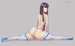  1girl ass back blue_eyes boots breasts english_commentary high_heel_boots high_heels highres kill_la_kill kiryuuin_satsuki large_breasts lips long_hair nude phat_smash split spread_legs thick_lips thick_thighs thigh_boots thighs twitter_username white_footwear 