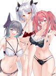  3girls alternate_costume animal_ears azur_lane bare_legs bra breasts bremerton_(azur_lane) cat_ears cheshire_(azur_lane) cleavage cover cowboy_shot finger_to_mouth highres lingerie looking_at_viewer megumi_kei multicolored_hair multiple_girls panties prinz_eugen_(azur_lane) signature simple_background streaked_hair textless_version tongue tongue_out underwear underwear_only white_background 