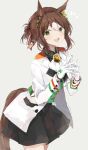  1girl :d animal_ears black_skirt brown_hair clover_hair_ornament fine_motion_(umamusume) gloves green_eyes grey_background hair_between_eyes hair_ornament hair_ribbon horse_ears horse_girl horse_tail looking_at_viewer multicolored_hair ninjin_nouka ribbon simple_background skirt smile solo tail two-tone_hair umamusume white_gloves white_hair 