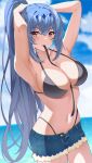  1girl armpits between_breasts bikini black_bikini breasts cleavage denim denim_shorts epic_seven hair_tie hair_tie_in_mouth highres large_breasts looking_at_viewer mouth_hold navel outdoors ponytail red_eyes rin_ateria shorts solo stomach swimsuit thighs 