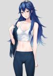  1girl alternate_costume ameno_(a_meno0) bangs blue_eyes blue_hair blue_pants blue_sweater blush breasts collarbone fire_emblem fire_emblem_awakening grey_background grin hair_between_eyes lips long_hair looking_at_viewer lucina_(fire_emblem) midriff navel pants pink_lips ribbed_sweater simple_background sleeveless small_breasts smile solo stomach sweat sweater sweater_removed tank_top teeth tiara white_tank_top yoga_pants 
