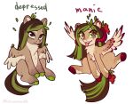  depression emotions equid equine excited female feral helemaranth helemaranth_(character) hi_res horn leaf leaf_hair looking_aside mammal pegasus plant plant_hair pseudo_hair reference_image simple_background solo tongue tongue_out wings 