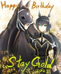 1girl 2022 absurdres animal_ears birthday black_dress black_hair character_name creature_and_personification dress english_text farena green_eyes hair_between_eyes highres horse horse_ears kin&#039;iro_ryotei_(umamusume) long_hair looking_at_viewer ponytail smile solo stay_gold_(racehorse) umamusume 