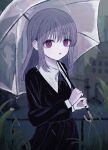  1girl absurdres bangs city collared_dress dress highres holding holding_umbrella kkamkkam long_hair long_sleeves looking_at_viewer neck_ribbon night original outdoors parted_lips plant purple_eyes purple_hair rain ribbon slit_pupils solo umbrella 