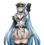  1girl absurdres akame_ga_kill! akira0619 akiratsukimiya blood blue_eyes blue_hair breasts chest_tattoo choker cleavage esdeath hat highres large_breasts long_hair military military_uniform peaked_cap solo tattoo thighhighs uniform very_long_hair 