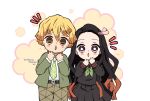  1boy 1girl :o absurdres agatsuma_zenitsu belt black_hair black_shirt black_skirt brown_hair chibi green_jacket green_necktie hair_ribbon highres jacket kamado_nezuko kimetsu_gakuen kimetsu_no_yaiba long_hair long_sleeves multicolored_hair neckerchief necktie open_mouth pink_eyes pink_ribbon pori_(kmt_pori) ribbon school_uniform serafuku shirt short_hair skirt two-tone_hair white_shirt yellow_eyes 