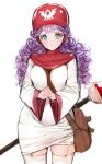  1girl blue_eyes breasts curly_hair dragon_quest dragon_quest_ii dress hood long_hair looking_at_viewer poin princess_of_moonbrook purple_hair robe simple_background solo staff thighhighs white_background 