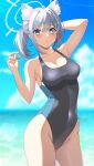  1girl :o animal_ear_fluff animal_ears arm_up armpits blue_archive blue_eyes blush breasts cleavage fluffy halo highleg highleg_swimsuit highres medium_breasts mismatched_pupils navel outdoors rin_ateria shiroko_(blue_archive) shiroko_(swimsuit)_(blue_archive) skin_tight skindentation solo swimsuit thighs white_hair 