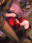  1girl animal_ears avatar_(ff14) bangs black_thighhighs blush bound bound_arms breast_press breasts dress final_fantasy final_fantasy_xiv highres huge_breasts kaede_(sayappa) long_hair looking_at_viewer nose_blush open_mouth pelvic_curtain pink_eyes pink_hair red_dress rope saliva solo standing sweat thighhighs 