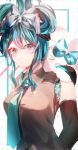  &gt;_&lt; 1girl anzup_404 bare_shoulders blue_bow blue_eyes blue_hair blue_necktie blush bow detached_sleeves grey_bow hair_up hand_on_another&#039;s_shoulder hatsune_miku highres light_smile necktie rabbit sparkling_eyes vocaloid watermark 