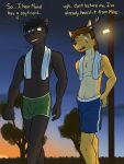  anthro canid canine canis clothed clothing coyote dialogue duo english_text equid equine facial_hair fuze goatee hi_res horse male mammal rod_reyes sam_jackson sunset swimming_trunks swimwear texnatsu text topless towel towel_around_neck 
