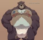  2022 absurd_res anthro asian_clothing belly big_belly black_nose blue_eyes brown_background brown_body brown_fur chest_tuft clothed clothing countershade_face countershade_snout countershade_torso countershading east_asian_clothing fundoshi fur grey_body grey_fur hand_on_hip hi_res japanese_clothing jumperbear kemo_coliseum looking_at_viewer male mammal multicolored_body multicolored_fur muscular muscular_anthro muscular_male muscular_thighs navel nipples pink_nipples portrait scar simple_background snaggle_tooth snout solo tan_body tan_fur tharsix three-quarter_portrait tuft underwear underwear_only ursid video_games white_clothing white_fundoshi white_underwear 