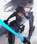  1girl a_(user_vtsy8742) armor bangs belt blue_eyes breast_tattoo breasts cleavage cleavage_cutout closed_mouth clothing_cutout dual_wielding ethel_(xenoblade) grey_background highres holding holding_sword holding_weapon large_breasts long_hair shoulder_armor simple_background smile solo sword tattoo twitter_username very_long_hair weapon xenoblade_chronicles_(series) xenoblade_chronicles_3 