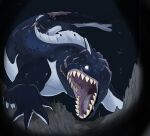  ambiguous_gender black_body bubble dorsal_frill empty_eyes feral frill_(anatomy) gaping_mouth gills glowing glowing_eyes hi_res imperatorcaesar open_mouth red_tongue scar sharp_teeth solo teeth tongue underwater water white_body 
