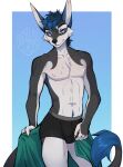  2022 anthro basilllisk black_nose blue_eyes blue_hair bulge canid canine clothed clothing digital_media_(artwork) gradient_background hair hi_res hybrid long_ears looking_at_viewer male mammal navel shirtless simple_background smile solo towel 