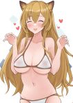  1girl :d absurdres animal_ears arknights bikini blush breasts brown_hair ceobe_(arknights) closed_eyes collarbone dog_ears dog_girl groin hair_between_eyes hands_up heart highres large_breasts long_hair looking_at_viewer navel open_mouth see-through smile snao_(snao_na_snao) solo stomach swimsuit upper_body very_long_hair white_background white_bikini 