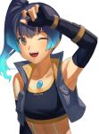  1girl a_(user_vtsy8742) arm_up armpits blue_hair chest_jewel crop_top detached_sleeves elbow_gloves fiery_hair fingerless_gloves gloves glowing_lines highres one_eye_closed sena_(xenoblade) shorts shoulder_strap side_ponytail simple_background solo sports_bra twitter_username upper_body white_background xenoblade_chronicles_(series) xenoblade_chronicles_3 