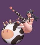 1girl ;o alternate_costume animal_ears animal_print ass ball bare_shoulders barefoot bell bikini black_hair breasts brown_eyes choker covered_nipples cow_ears cow_girl cow_horns cow_print cow_print_bikini cow_print_gloves cow_print_thighhighs cowbell detached_sleeves english_commentary exercise_ball eyepatch_bikini facing_viewer falling fate/kaleid_liner_prisma_illya fate_(series) from_side full_body gloves hairband holding holding_rope hopping horns knee_up leg_up legs long_hair looking_down lucknight micro_bikini midair miyu_edelfelt nail_polish one_eye_closed paid_reward_available print_bikini print_gloves print_thighhighs red_nails rope side-tie_bikini_bottom skindentation small_breasts solo spread_legs swimsuit thighhighs thighs twintails 